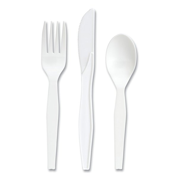 Perk Mediumweight Plastic Cutlery, Fork/Knife/Teaspoon, White, Set, PK100, 100PK PK58696
